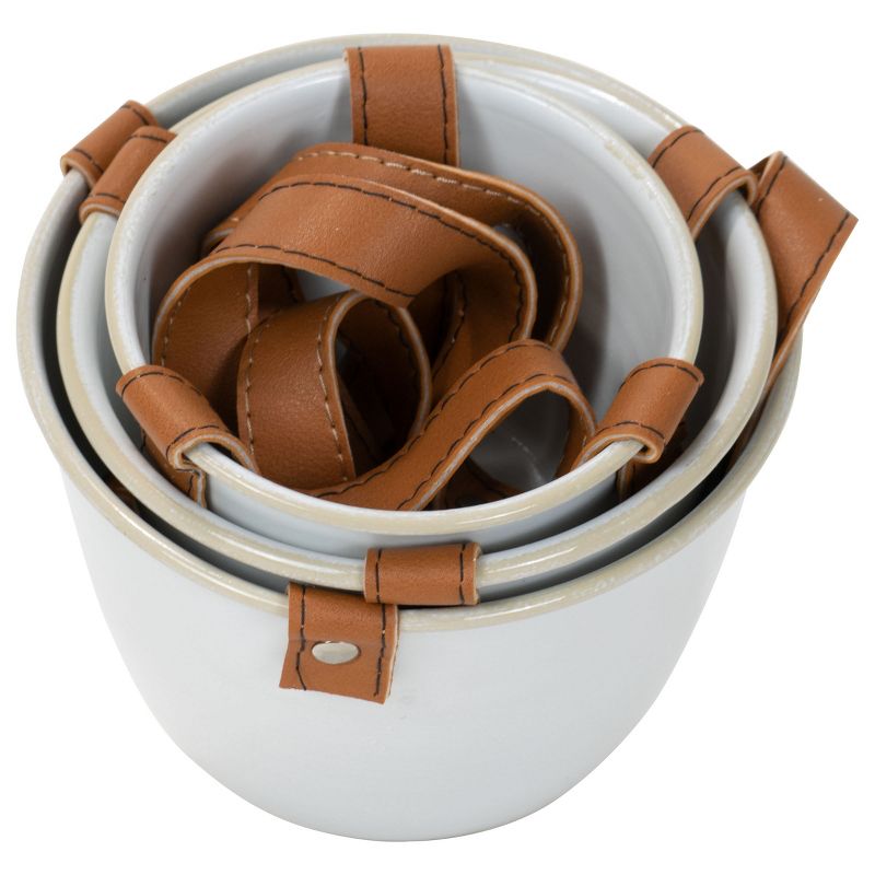 Set of 3 Antique White Enamel Metal and Faux Leather Straps Hanging Planter - Foreside Home & Garden