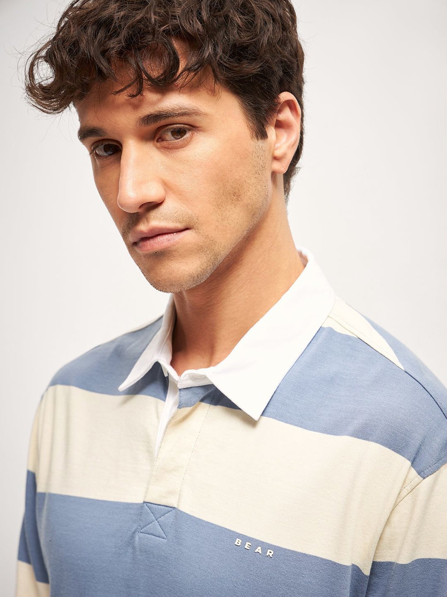 The Bear House Blue Cotton Relaxed Fit Striped Polo T-Shirt