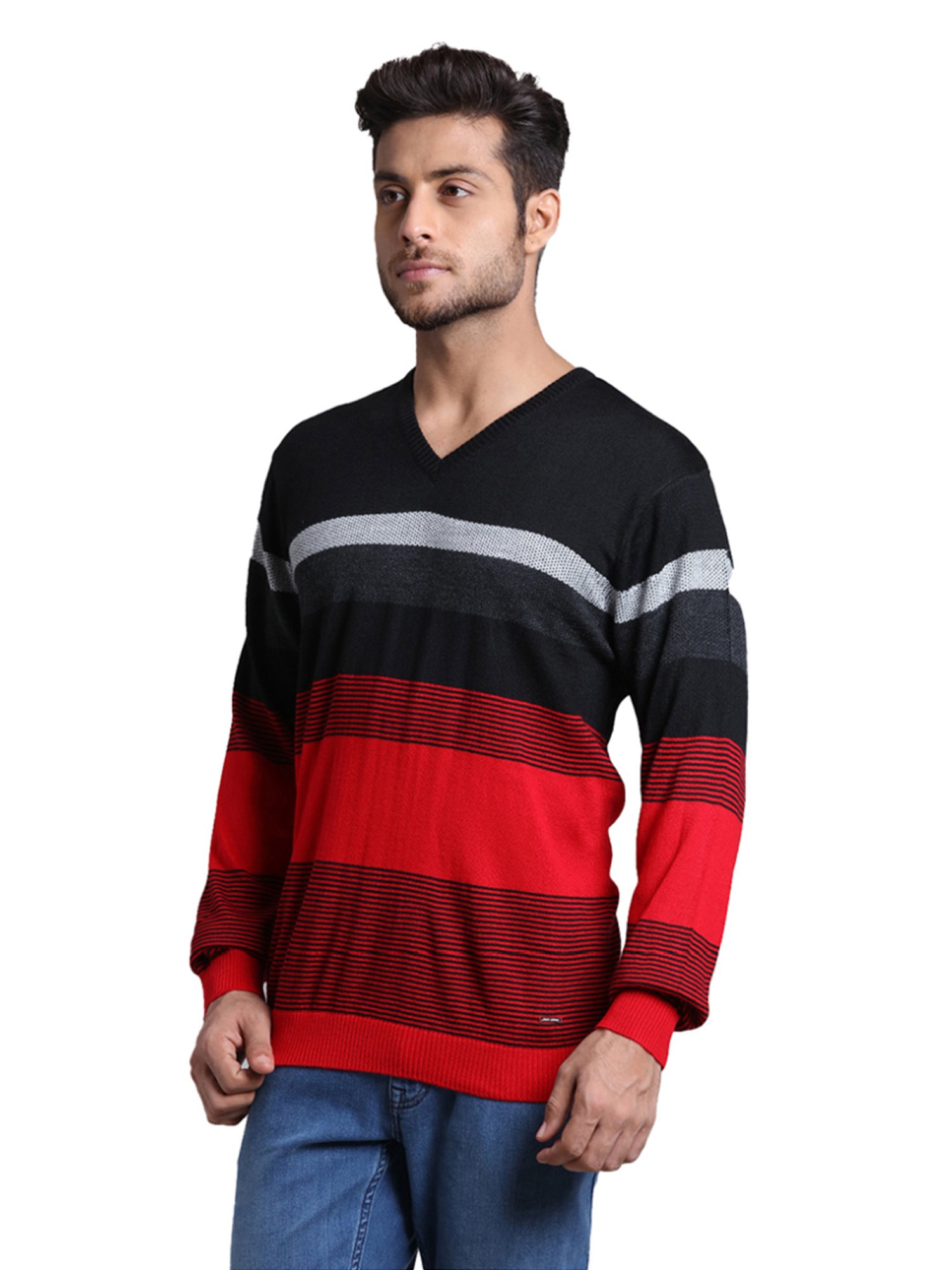 Park Avenue Red & Black Regular Fit Striped Sweater