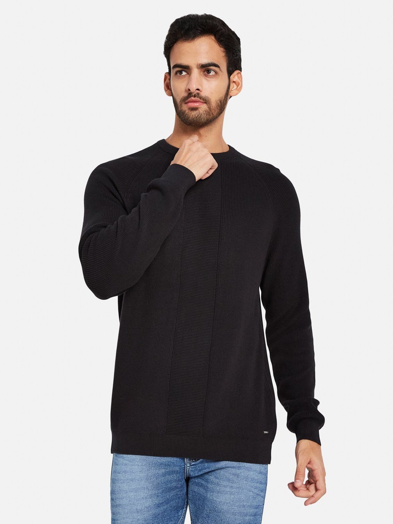 METTLE Black Cotton Regular Fit Sweater