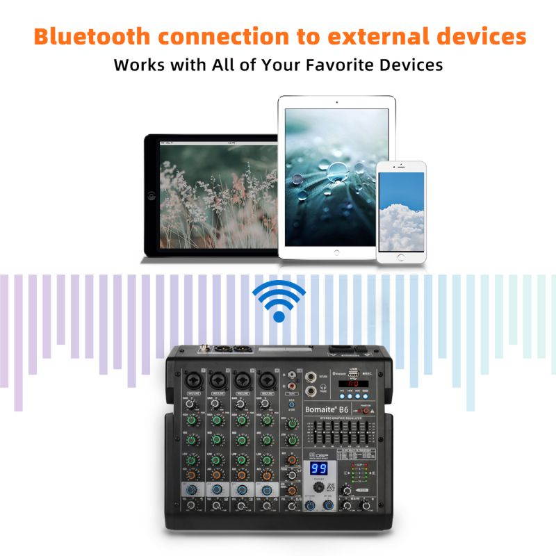 Bomaite B6 Portable 6-Channel Mixing Console Mixer 7-band EQ Built-in 48V Phantom Power Supports BT Connection USB MP3 Player for Computer Recording, Bands