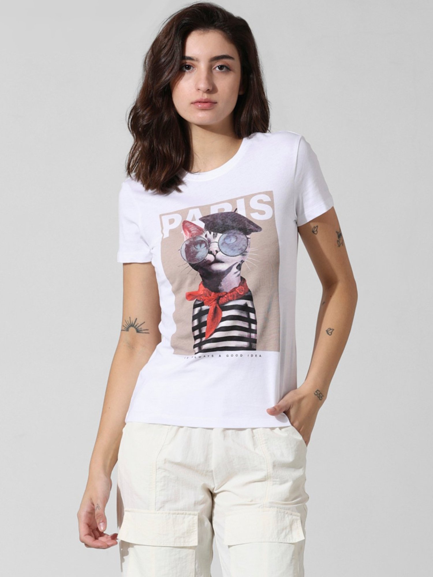 Only White Cotton Graphic Print T-Shirt