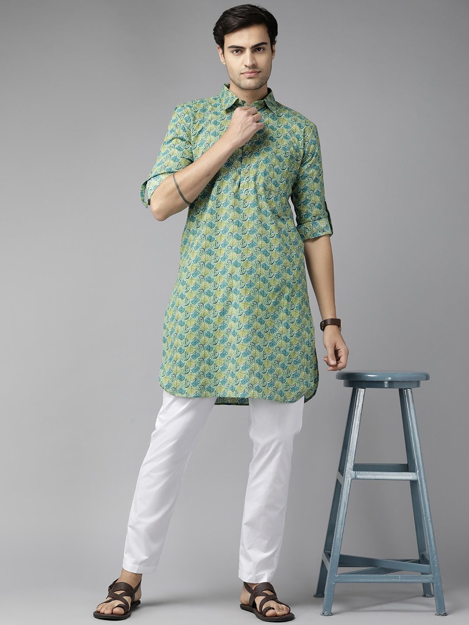 See Designs Green & White Cotton Regular Fit Printed Kurta Bottom Set