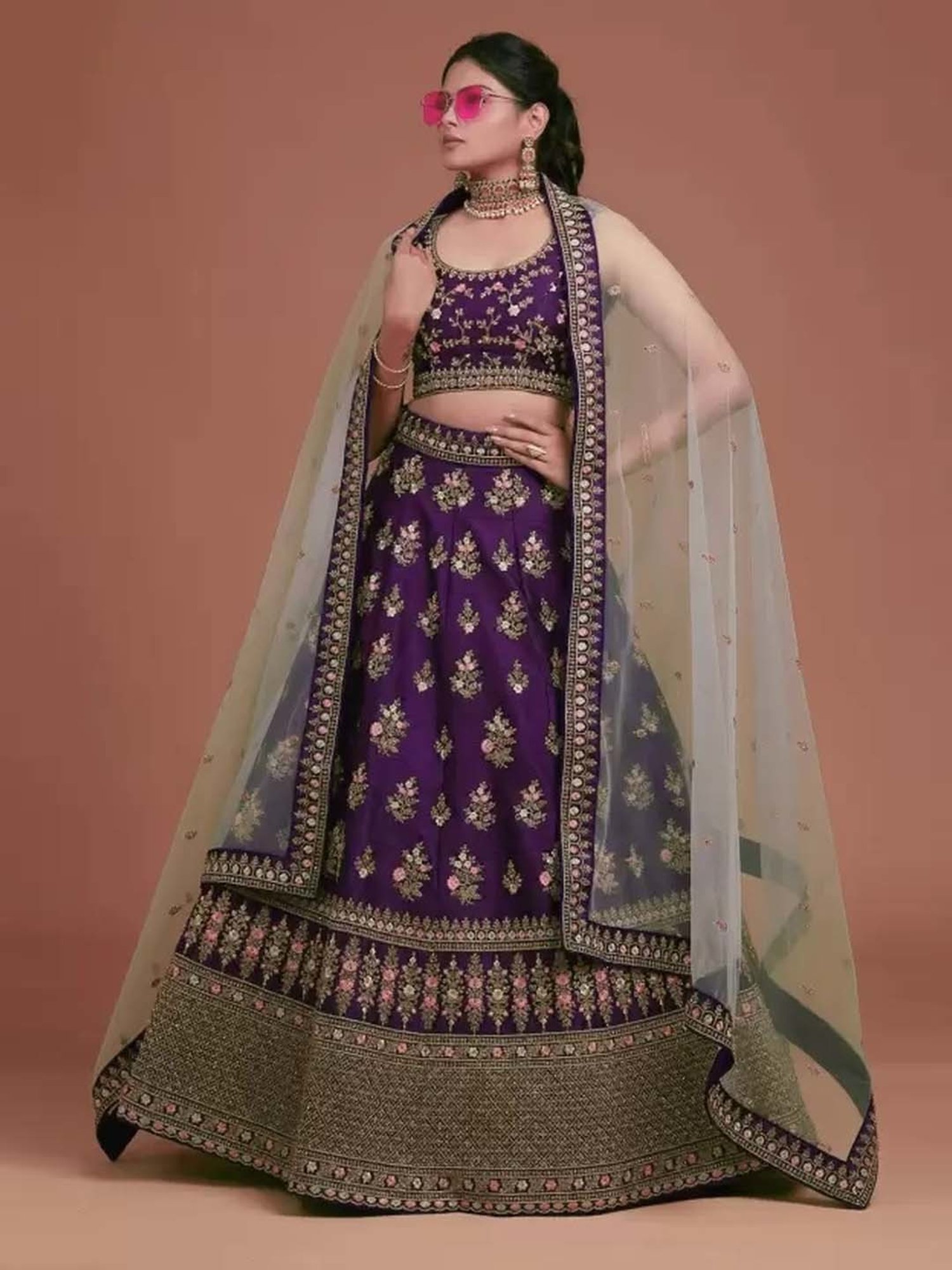 APNISHA Purple Embroidered Semi Stitched Lehenga Choli Set With Dupatta