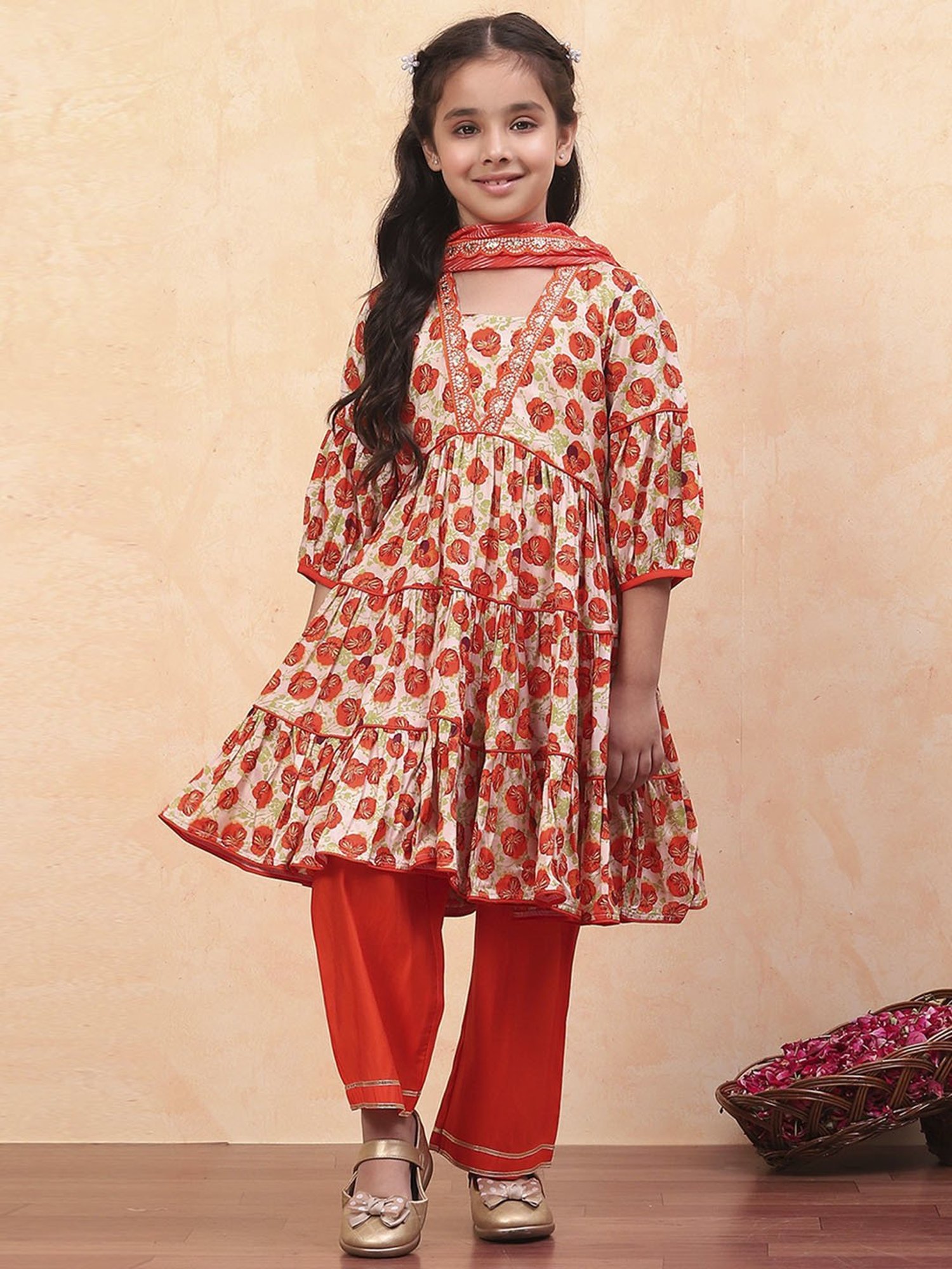 Biba Girls Orange Floral Print Suit Sets