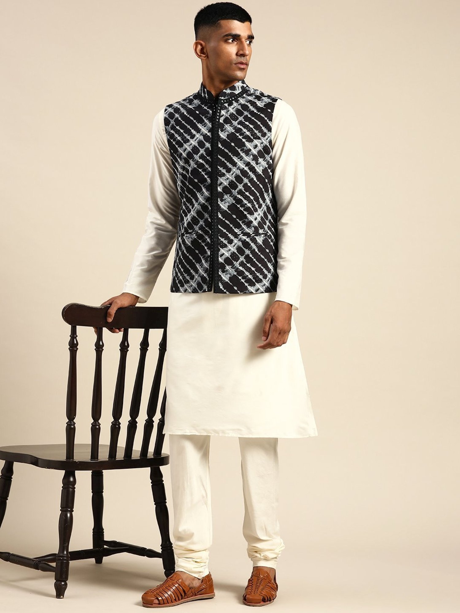 KISAH Black & Beige Regular Fit Printed Kurta Set With Jacket