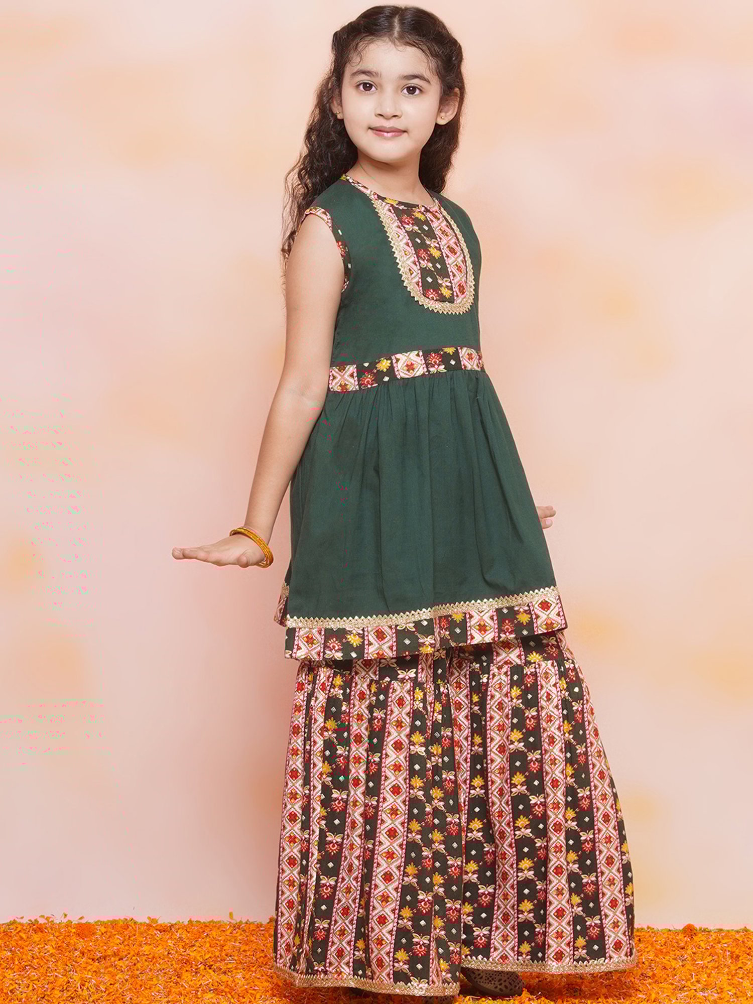 AJ Dezines Kids Dark Green & White Floral Print Kurta with Sharara