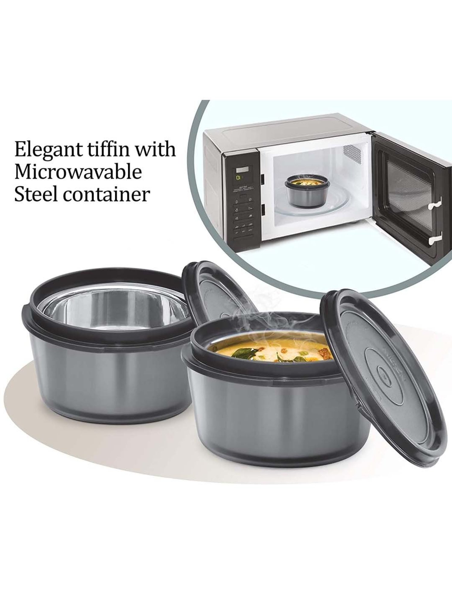 Milton Nutri Lunch Box Elegant Tiffin With Microwavable Steel Container Set 2 Pcs, 700 ml, Orange