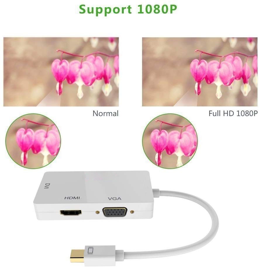 Mini DP to HDMI VGA DVI, ESTONE 3 in 1 Gold Plated Mini DisplayPort (Thunderbolt) Adapter Compatible with MacBook, iMac, Mac Book Air, DP Version 1080P, (1080P, White)