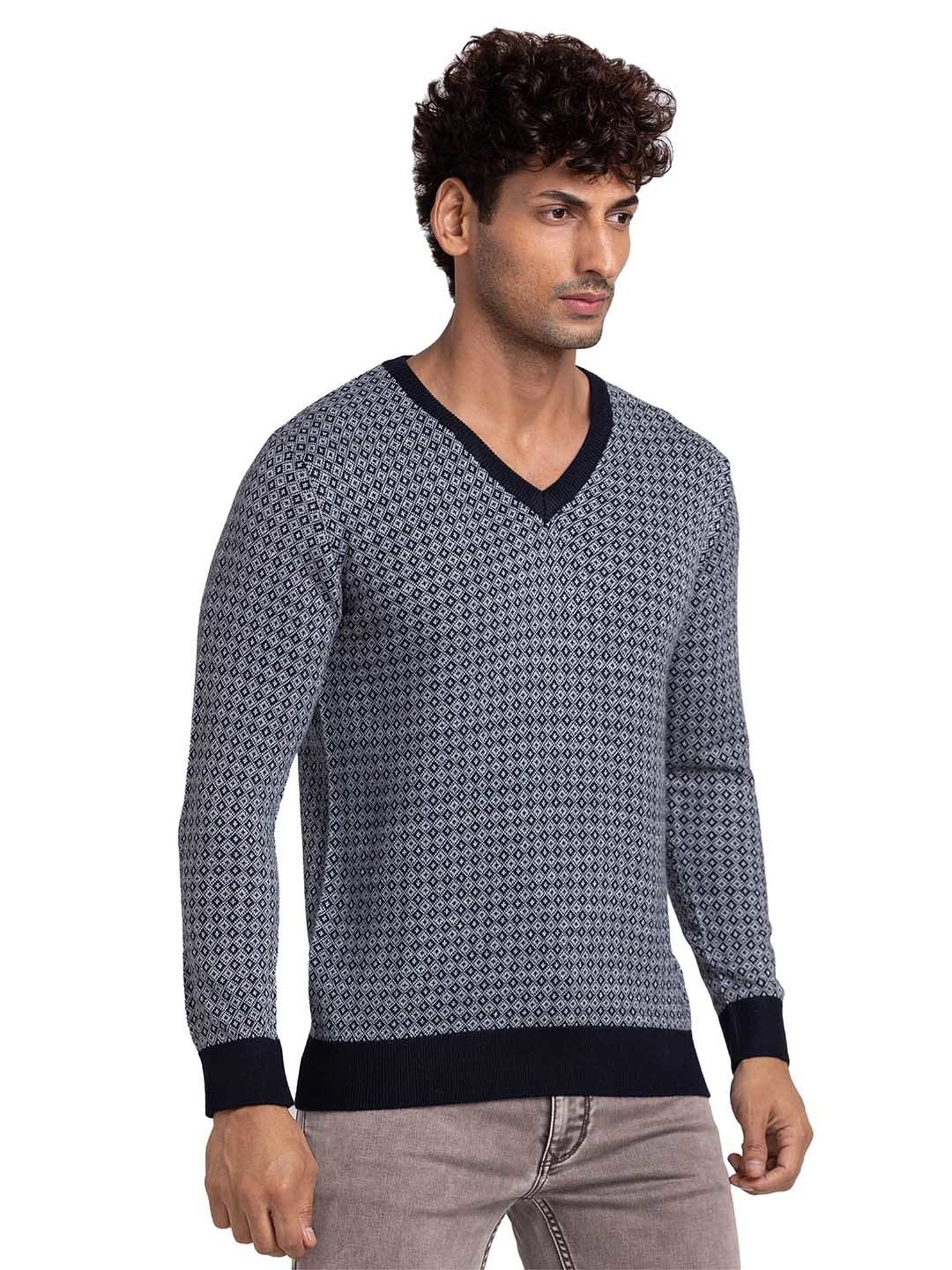 Parx Dark Blue Regular Fit Self Design Sweater