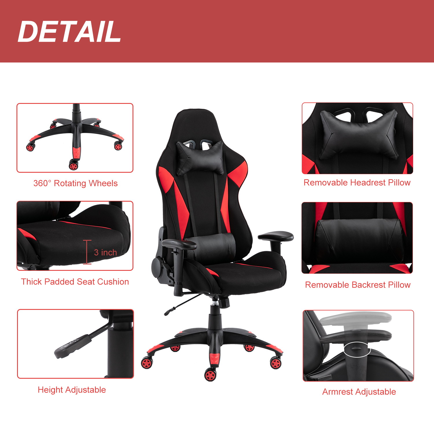 Gaming Chair, High Back Computer Chair Tilt Back Adjustable Armrest Height with Lumbar Support Headrest