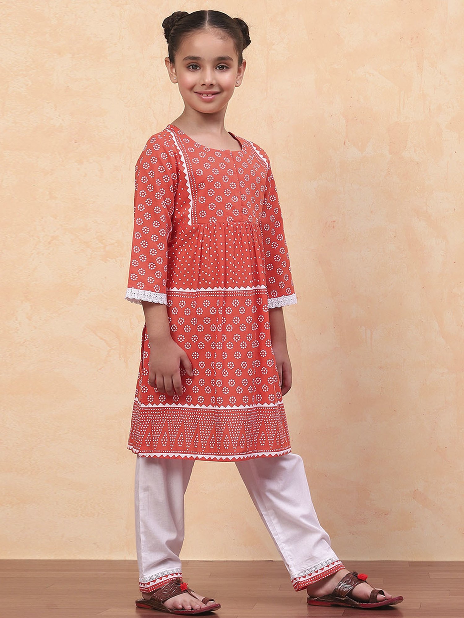 Biba Girls Orange Cotton Printed Suit Sets