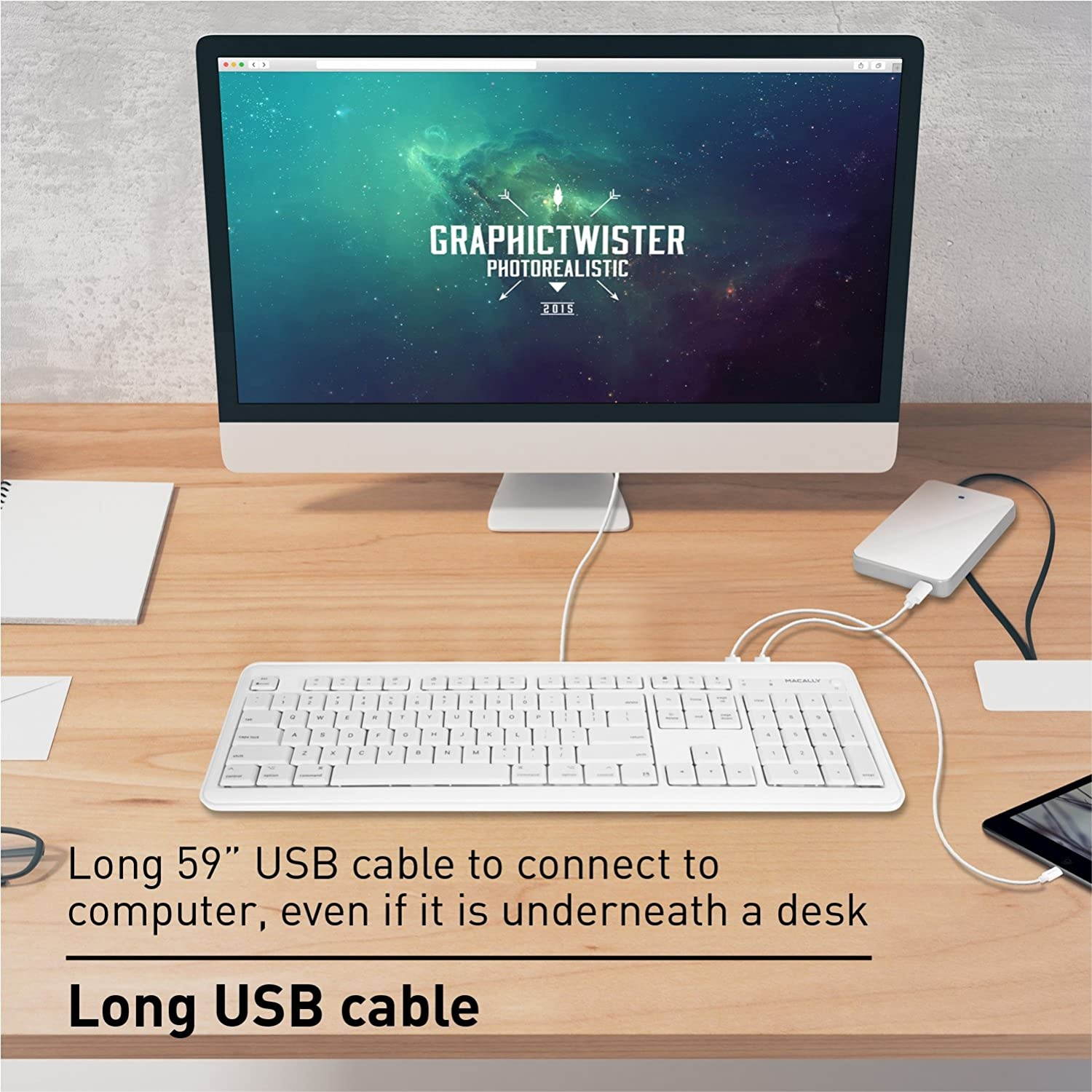 Macally Full Size USB Wired Computer Keyboard with Built-In 2-Port USB Hub - Perfect for your Mouse & 16 Apple Shortcut Keys for Mac OS, Apple iMac, Mac Mini, Macbook Pro/Air (XKEYHUB) , White