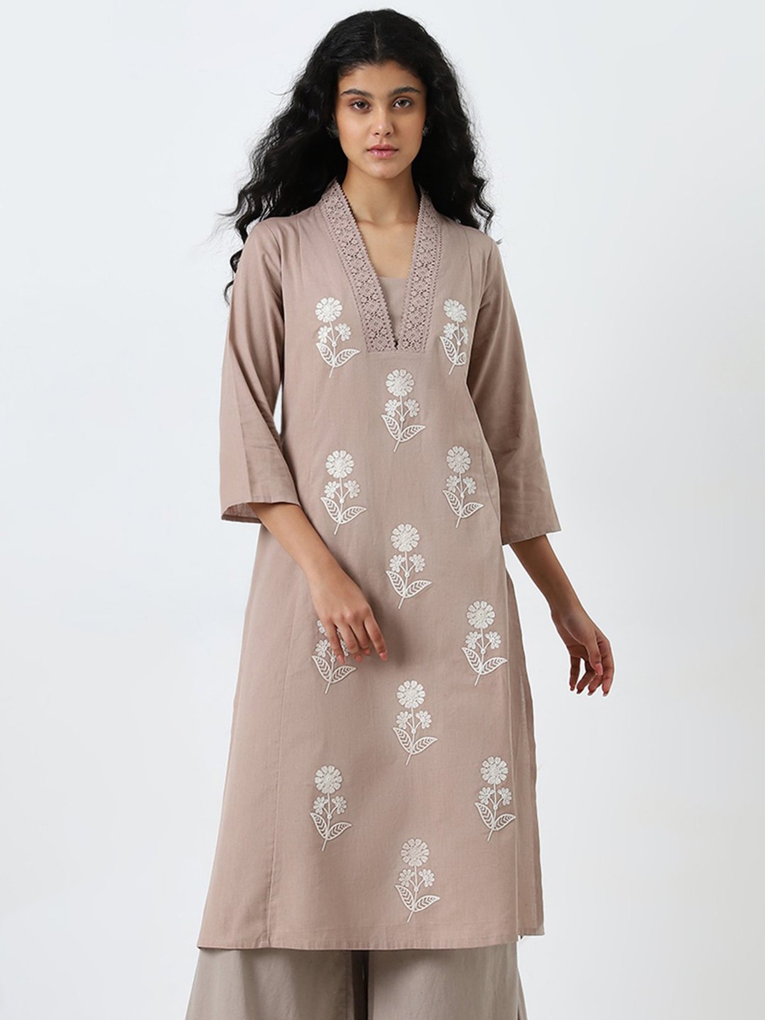 Utsa by Westside Dark Beige Embroidered A-Line Cotton Blend Kurta