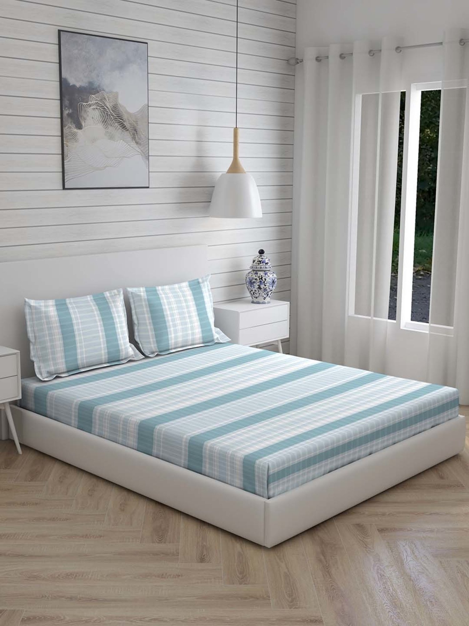 Boutique Living Cool Night Blue Cotton 225 TC King Flat Bed Sheet With 2 Pillow Covers