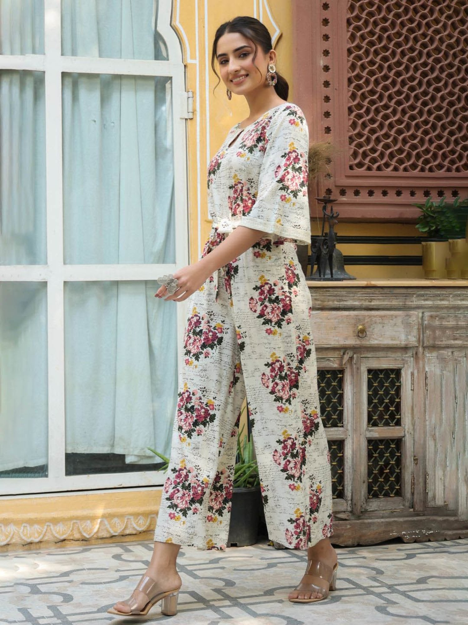 Juniper Off-White Floral Printed Rayon Slub Jumpsuit With Zip Closure