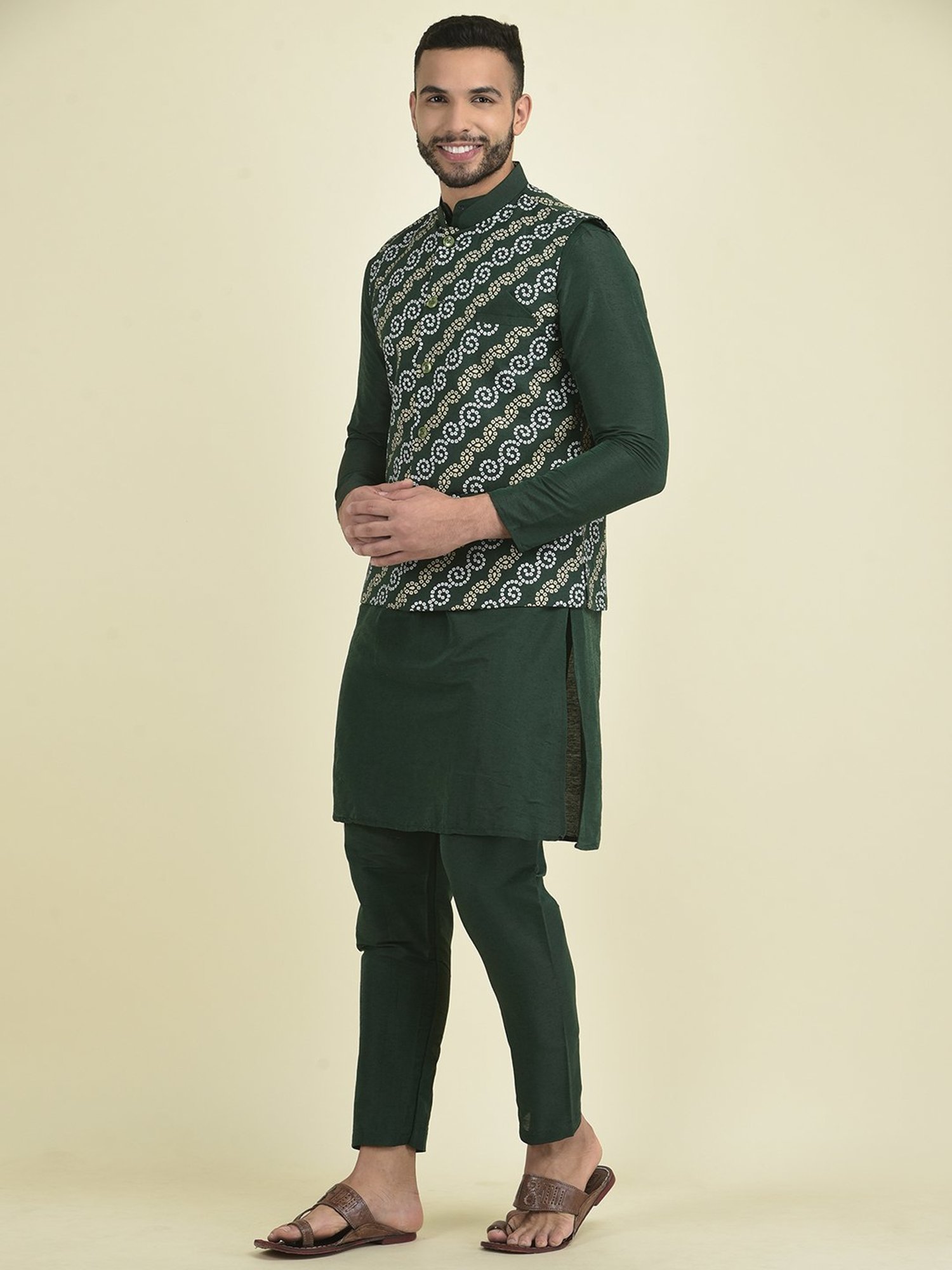 Deyann Deep Green Regular Fit Printed Kurta Set With Jacket