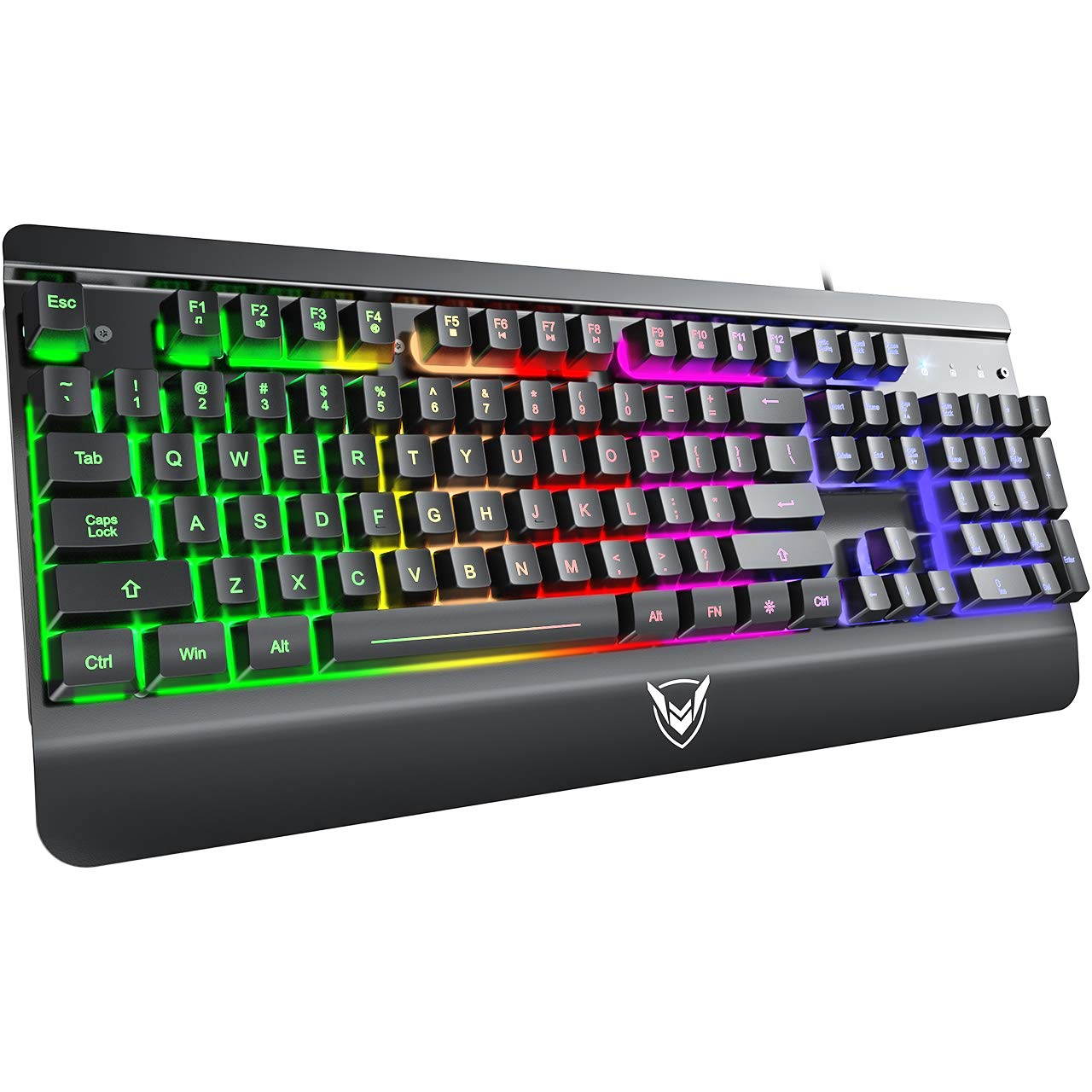 Metal Gaming Keyboard, LED Wired Rainbow Keyboard, USB Backlit Membrane Keyboard with Wrist Rest, 19 Anti-ghosting Keys, 12 Multimedia Shortcuts, Spill-Resistant for Windows PC Gamer-Black