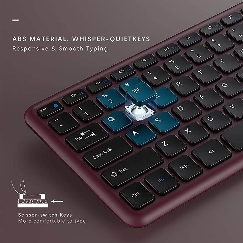 Wireless Keyboard and Mouse,  2.4GHz Ultra Thin Full Size Wireless Keyboard Mouse Combo Set with Number Pad for Computer, Laptop, PC, Desktop, Notebook, Windows 7, 8, 10-(Wine Red and Black)