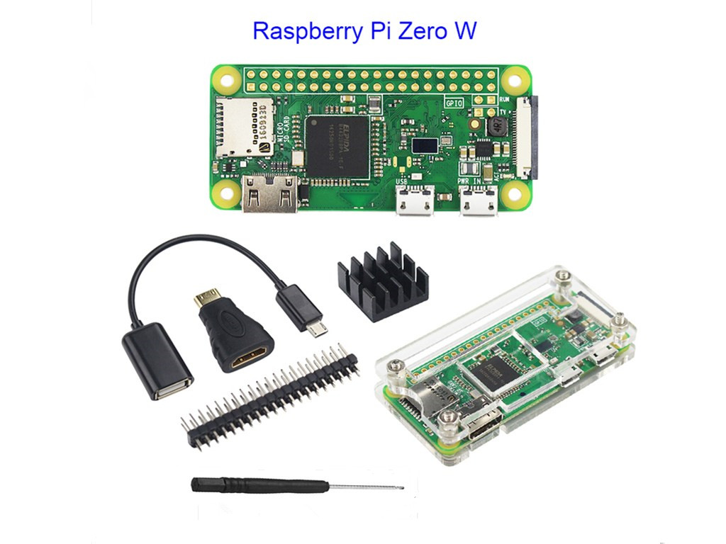Raspberry Pi Zero W+Acrylic Case+GPIO Header+HDMI Famale to Mini HDMI Male Adapter+Micro USB to OTG Cable+Aluminum Heatsink+Screwdriver