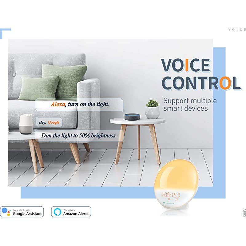 Sunrise Alarm Clock, A80S Smart Wake up Light Work with Alexa, Sleep Aid Digital Alarm Clock with Sunset Simulation, Snooze/FM Radio /7 Natural Sounds and 4 Alarms for Adults & Kids