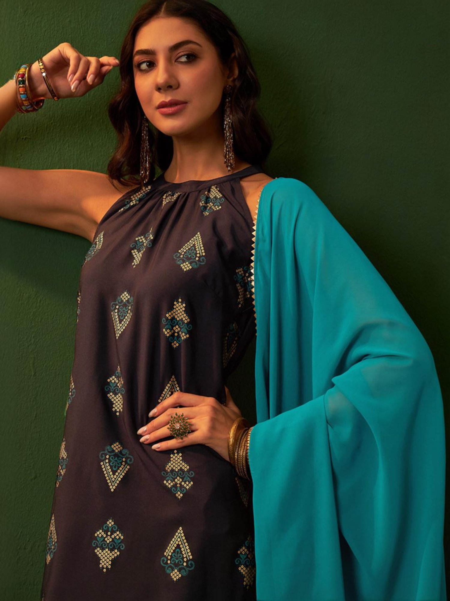 Ziyaa Blue Printed Kurta Pant Set With Dupatta