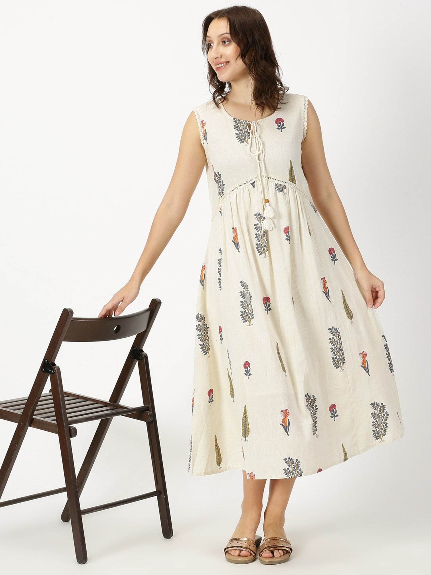 Saffron Threads Off White Cotton Floral Print Ethnic Dress