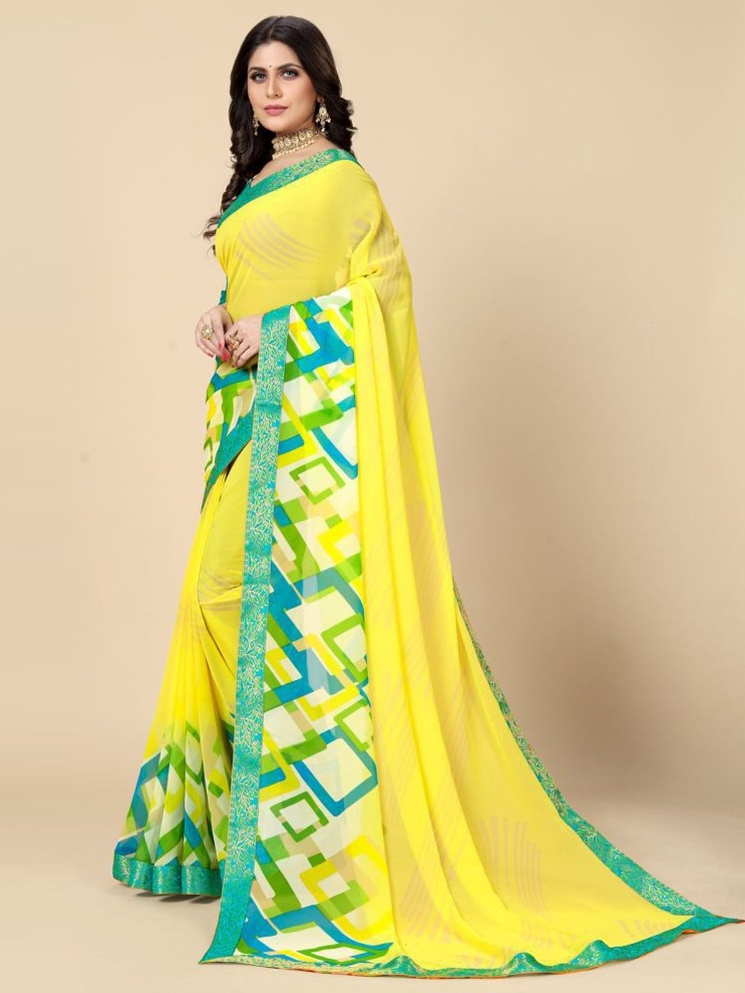Rangita Yellow Printed Saree With Unstitched Blouse