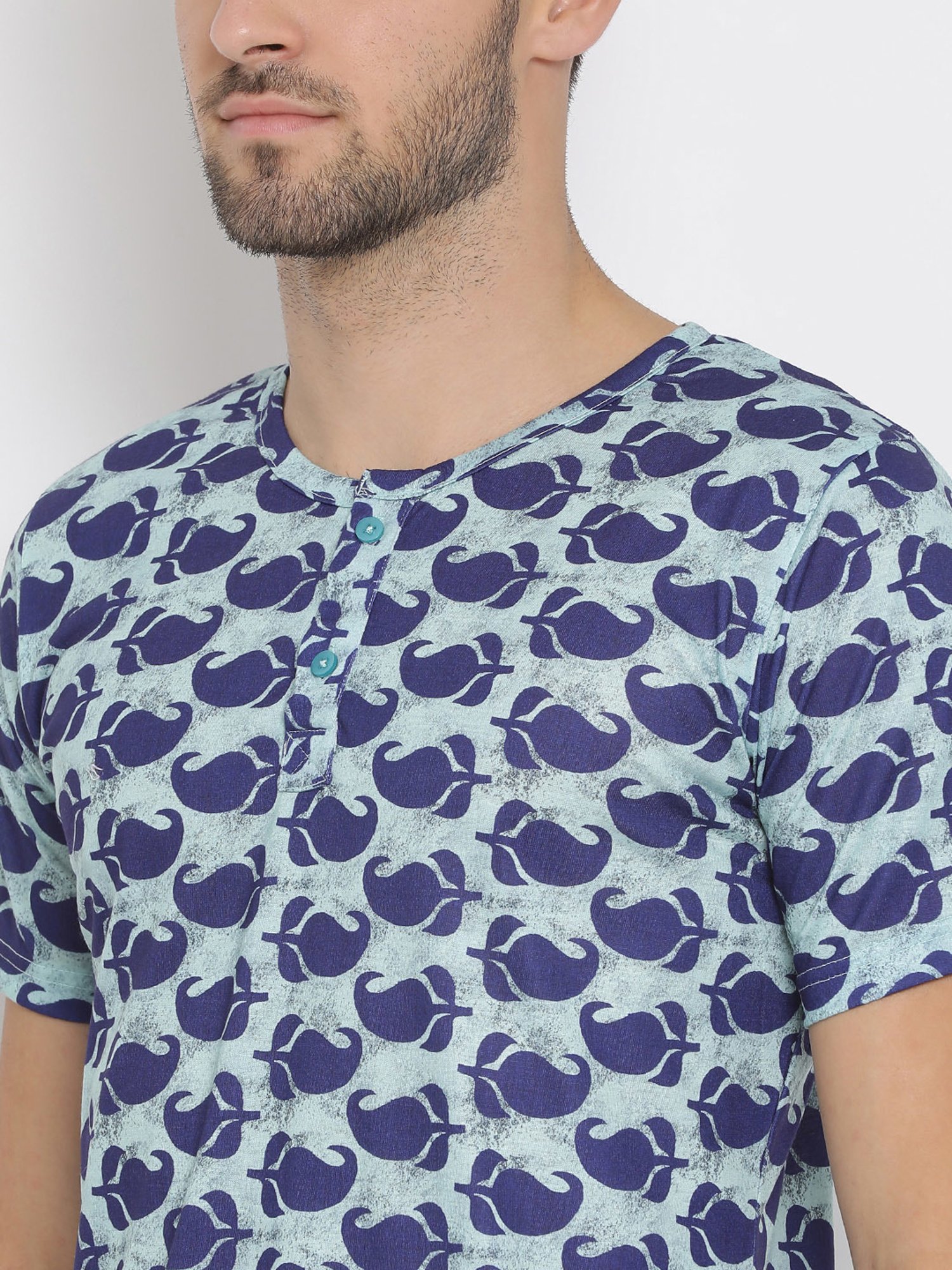 Hangup Plus Blue Regular Fit Printed Henley T-Shirt
