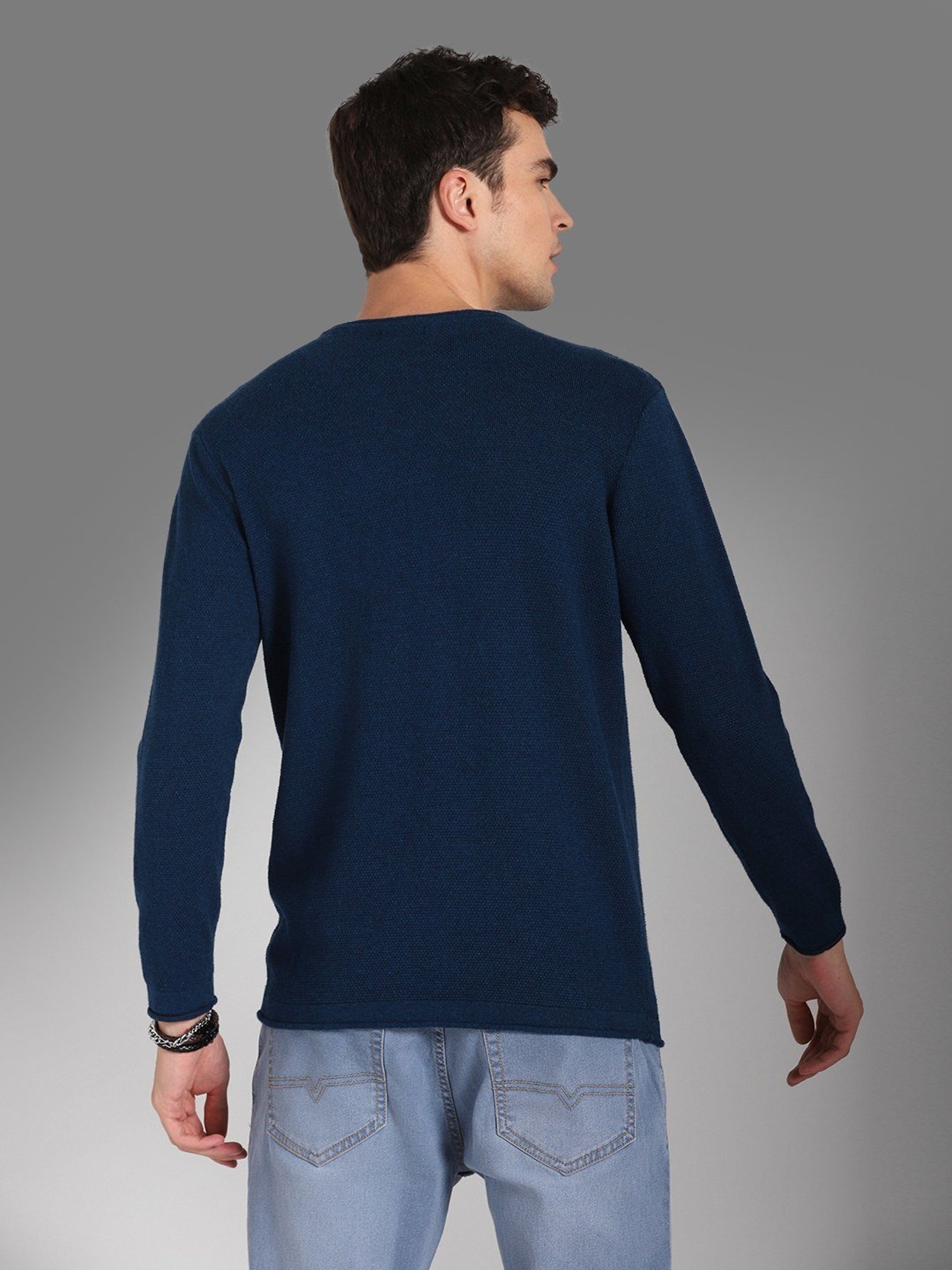 High Star Blue Cotton Regular Fit Sweater