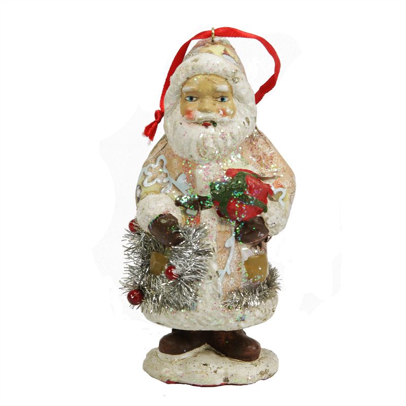 Allstate 5" Glitter Santa with Gifts and Wreath Christmas Ornament - White/Brown