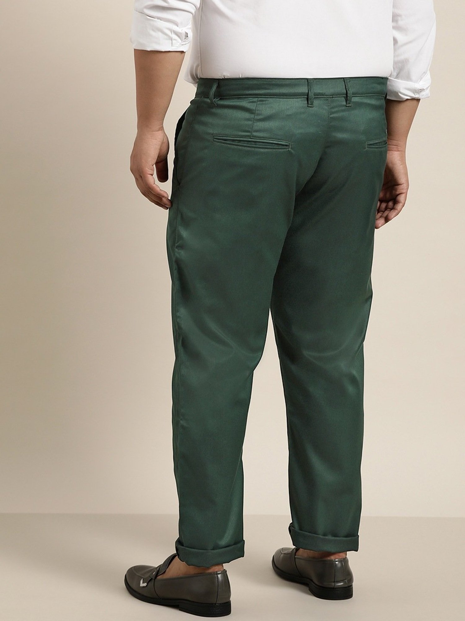 Sojanya Green Cotton Regular Slim Fit Flat Front Trousers