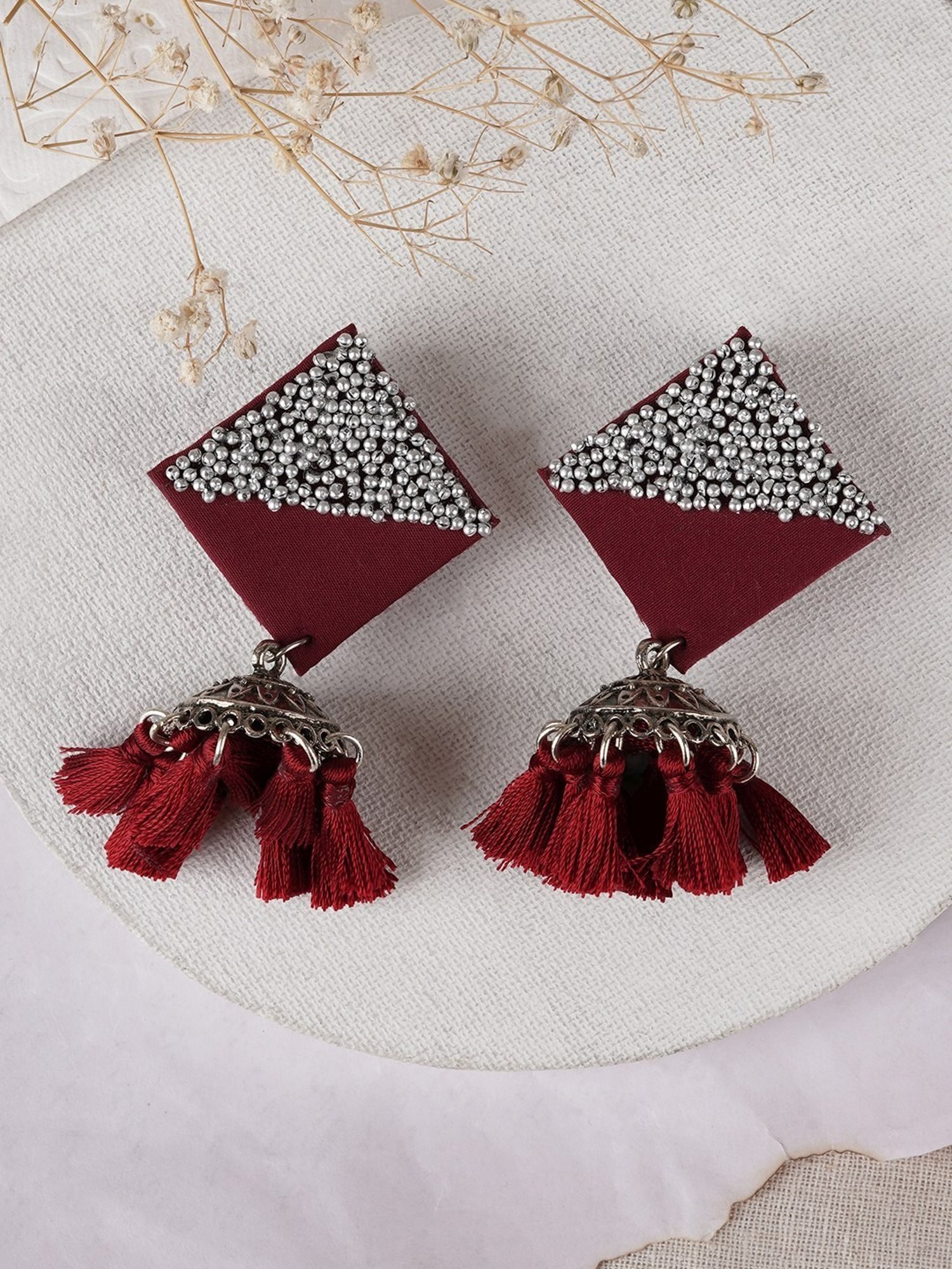 Teejh Ethnic Samreen Maroon Tassel Jhumki Earring