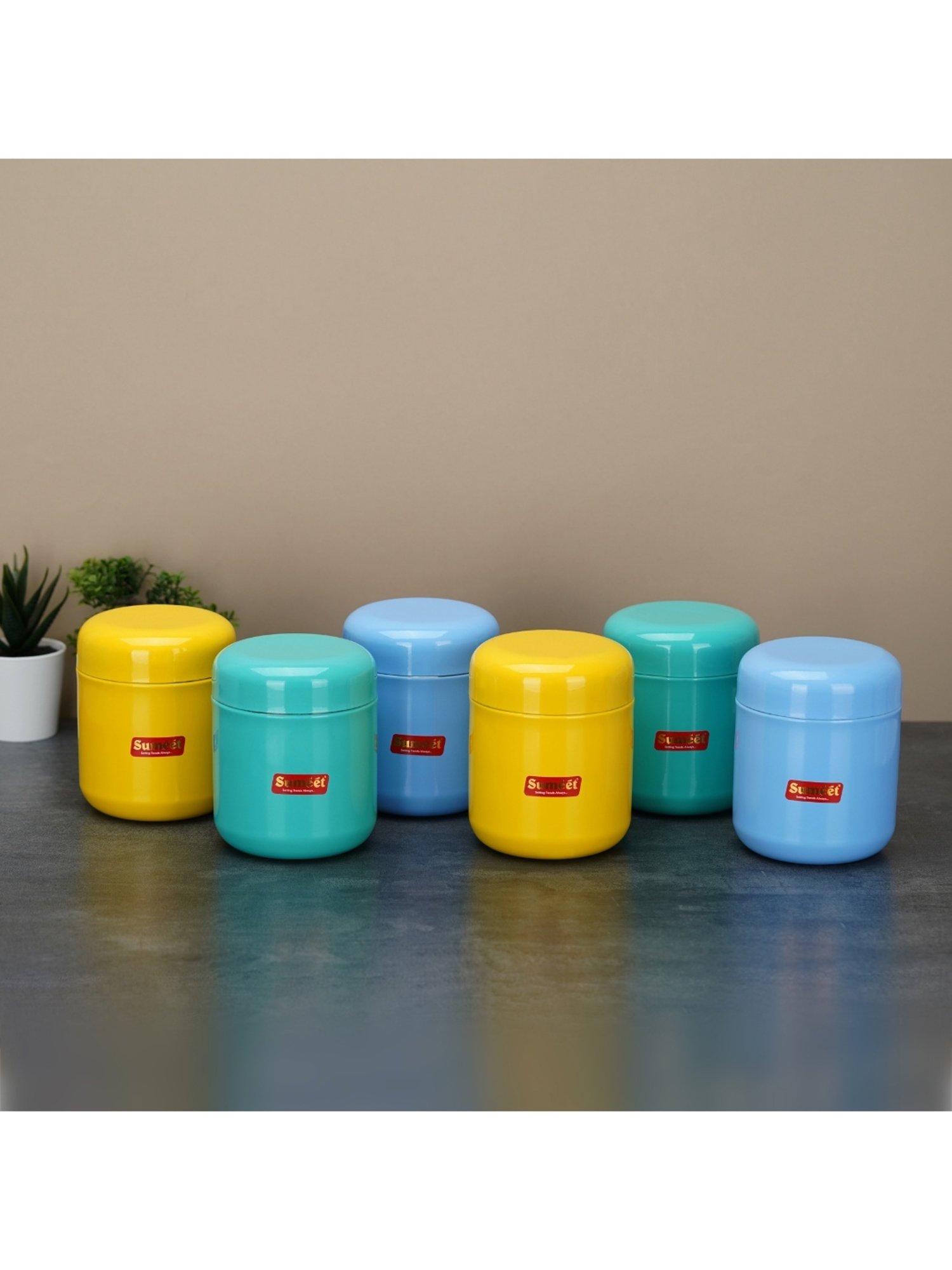Sumeet S.S.Multi Color Small Canisters/Jars/Storage Containers set of 6Pc,350ml capacity each,7.5cm