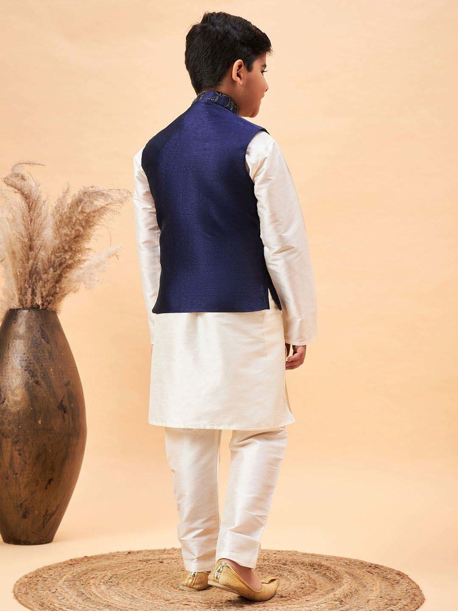 VASTRAMAY Boys Yellow & White Cotton Printed Full Sleeves Kurta Sets