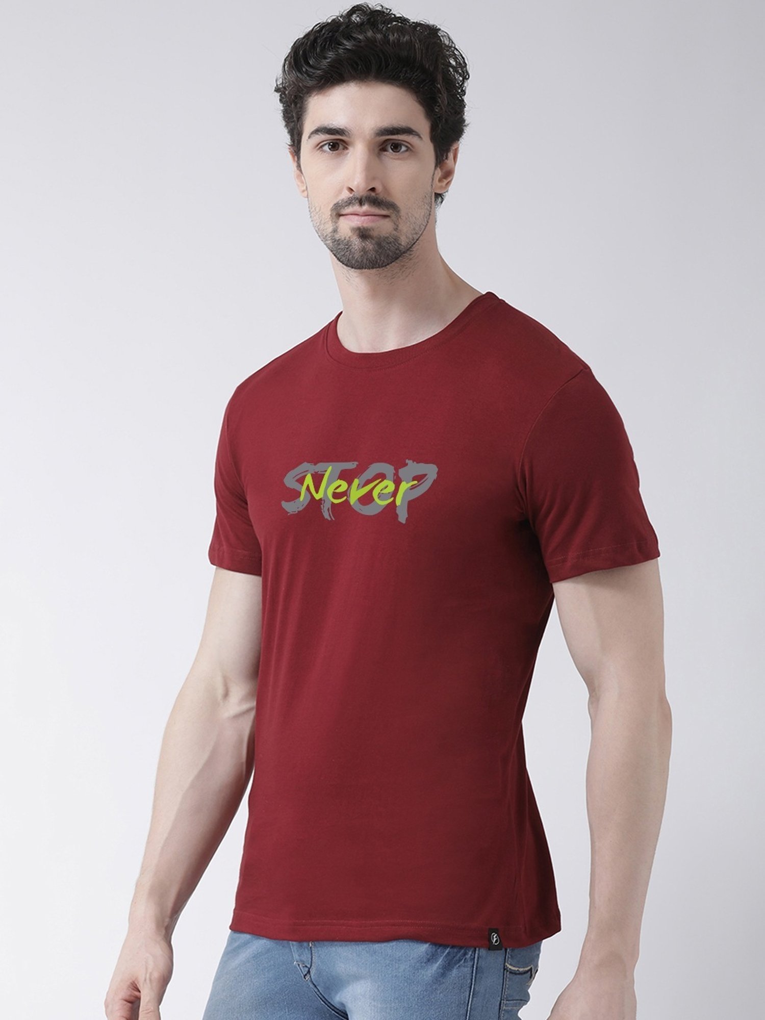 Friskers Maroon Cotton Slim Fit Printed T-Shirt
