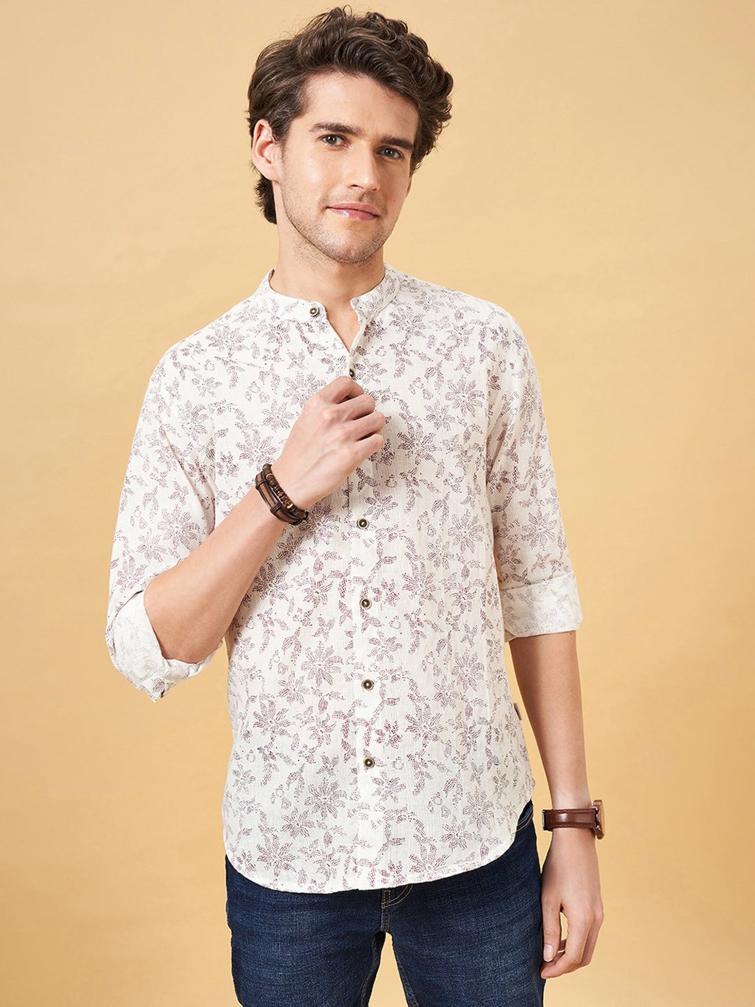Indus Route by Pantaloons Off White Regular Fit Printed Shirt