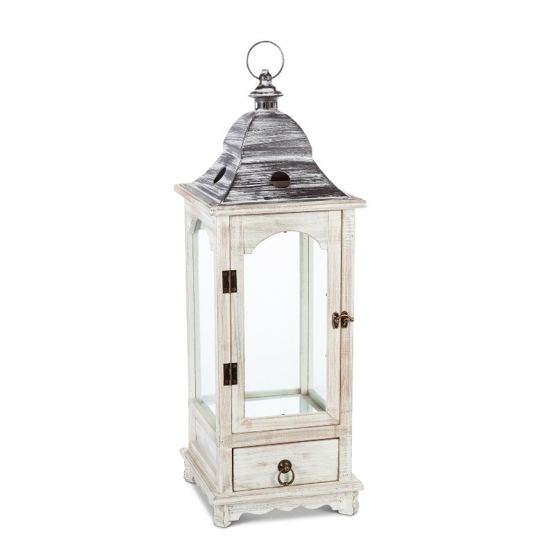 Everlasting Glow 27-Inch Tall Faded White Wood Lantern with Metal Top and Glass Windows