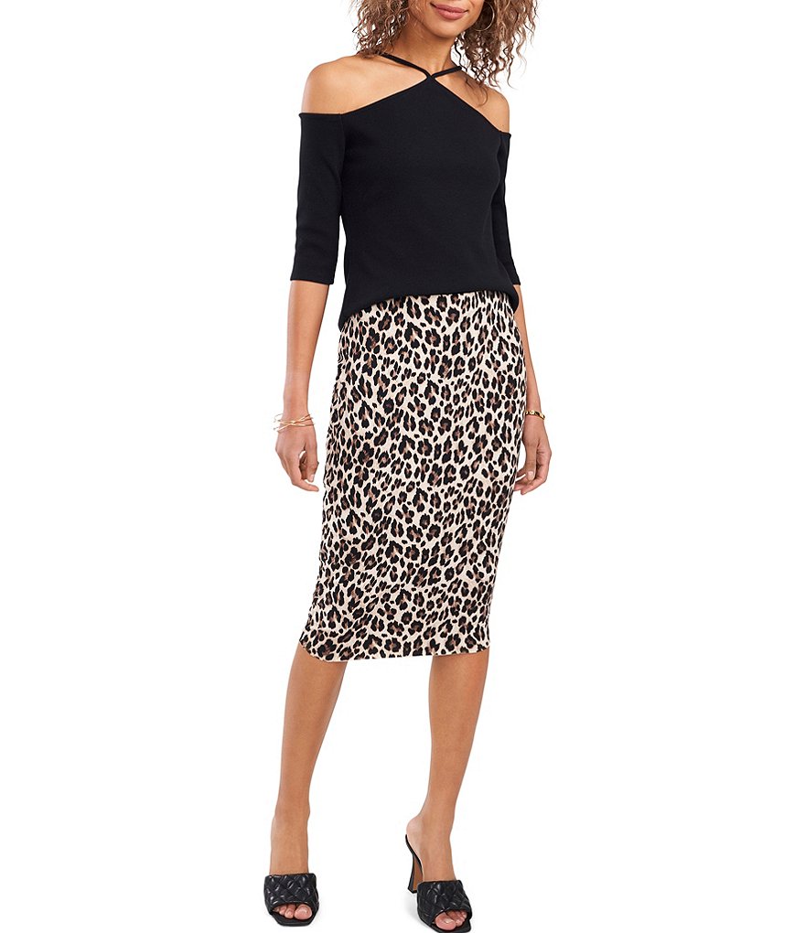 Eva Varro Animal Print Knit Jersey Wide Yoke A-Line Midi Skirt