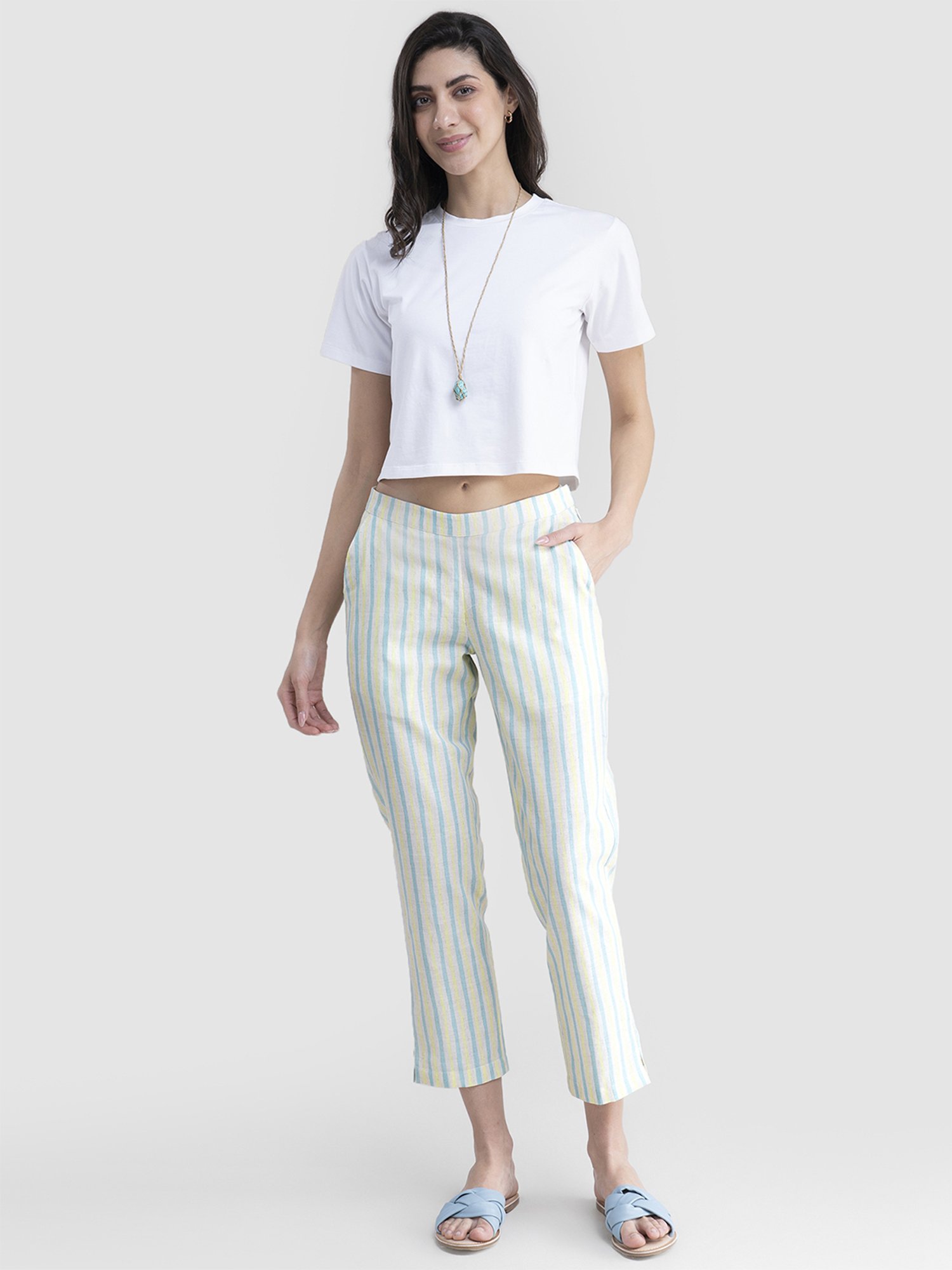 Pink Fort Yellow & Blue Cotton Striped Pants