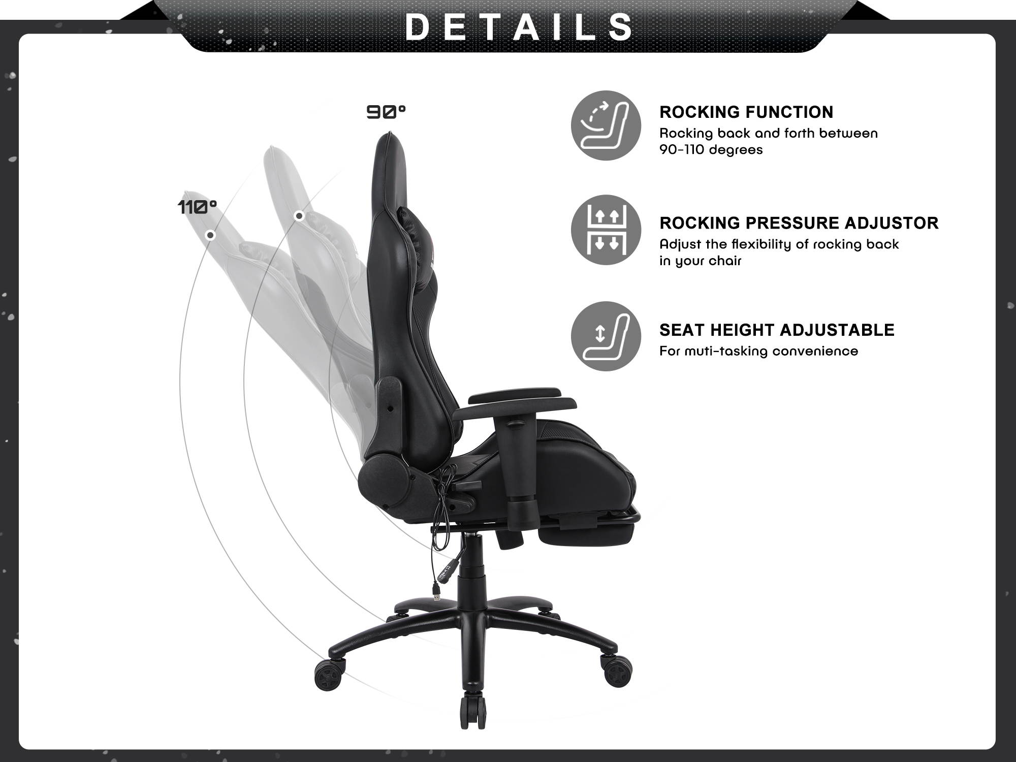Massage Racing Chair with Retractable Footrest Gaming Chair - Computer Office Adjustable Lumbar Cushion Headrest Swivel Rocking Function Desk Chair 5 Colors