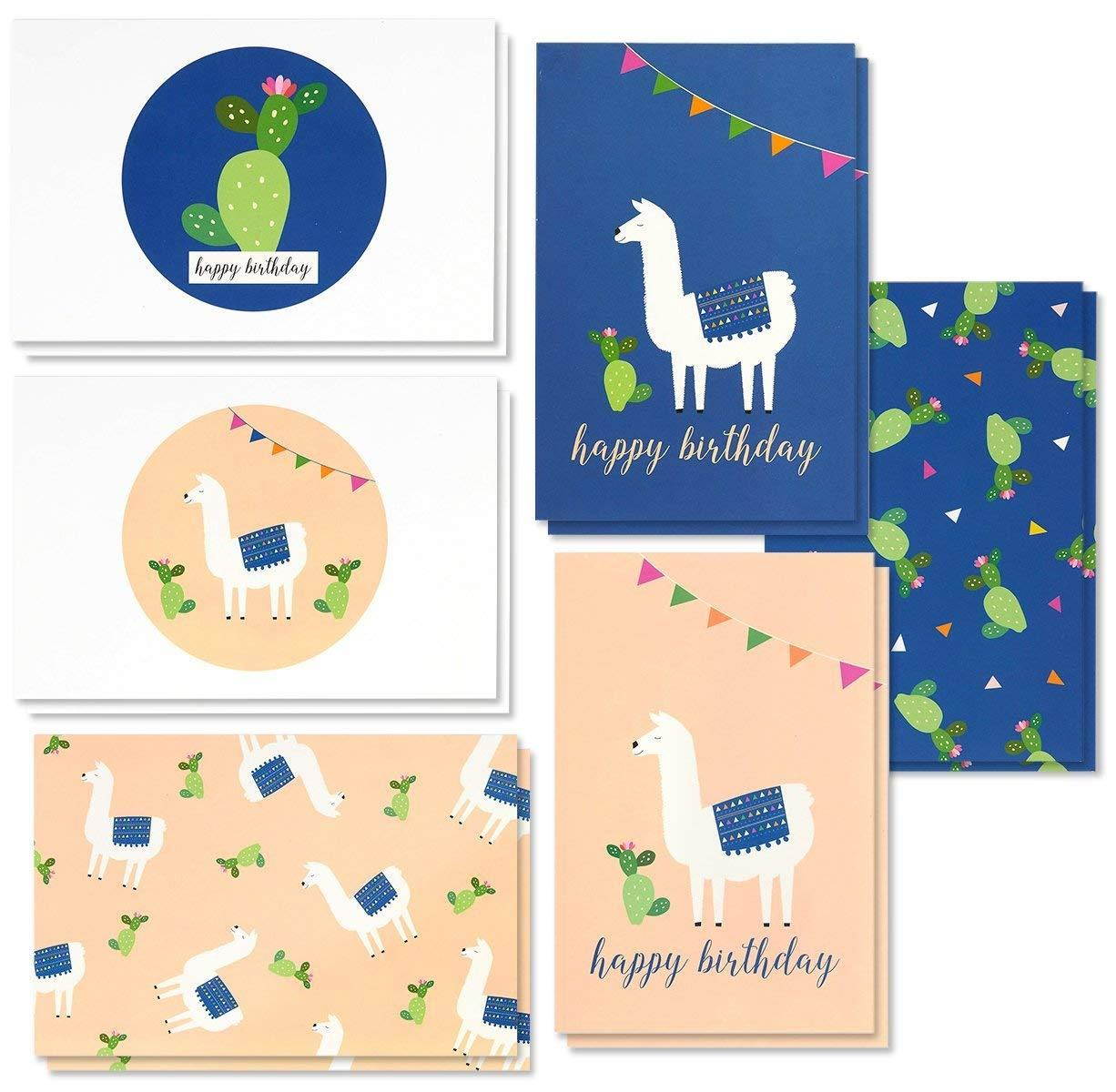 Birthday Card - 48-Pack Birthday Cards Box Set, 6 Cute Llama and Cacti Happy Birthday Cards Bulk, Envelopes Included, 4 x 6 Inches