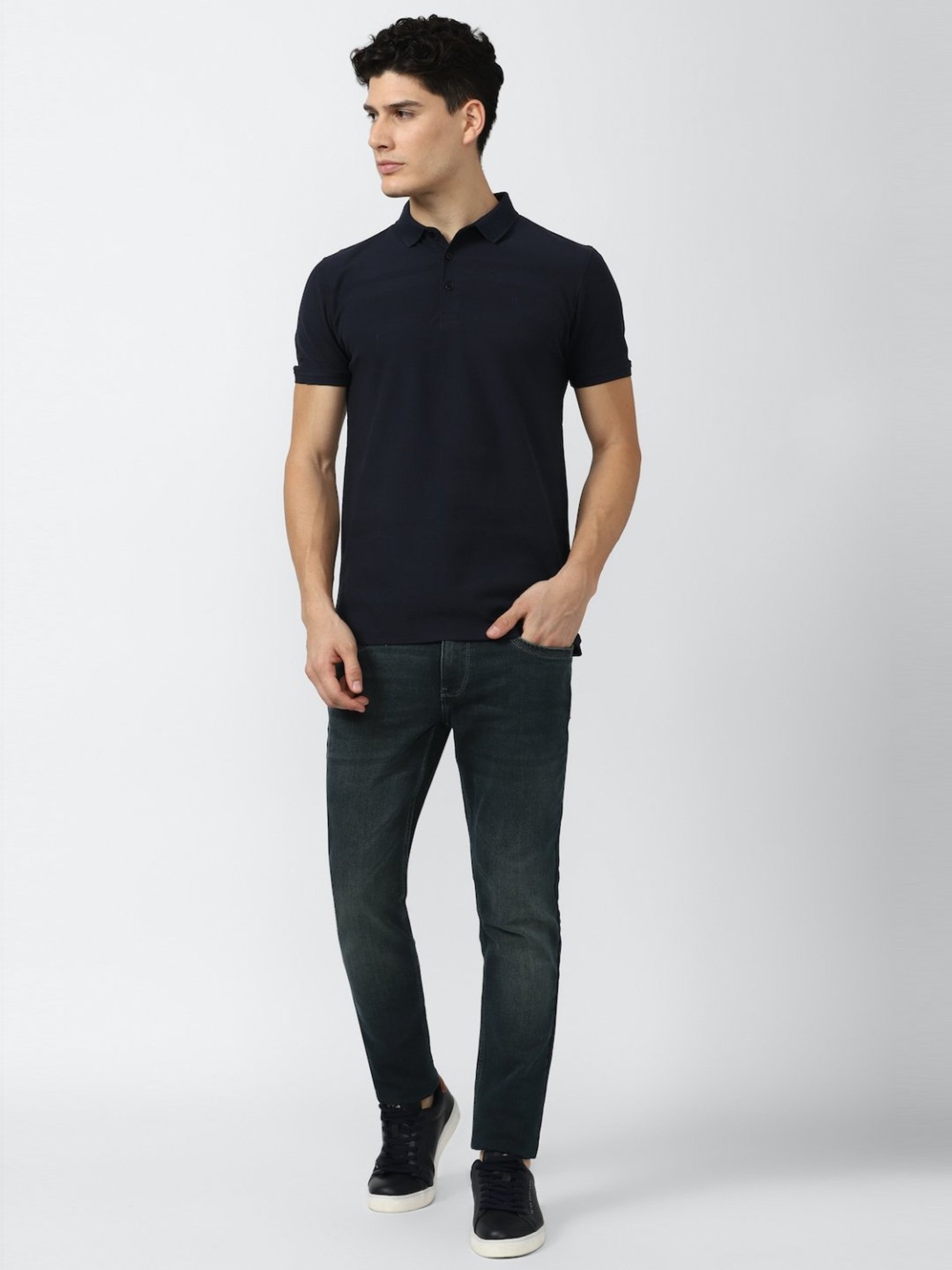 V Dot Navy Blue Cotton Slim Fit Striped Polo T-Shirt