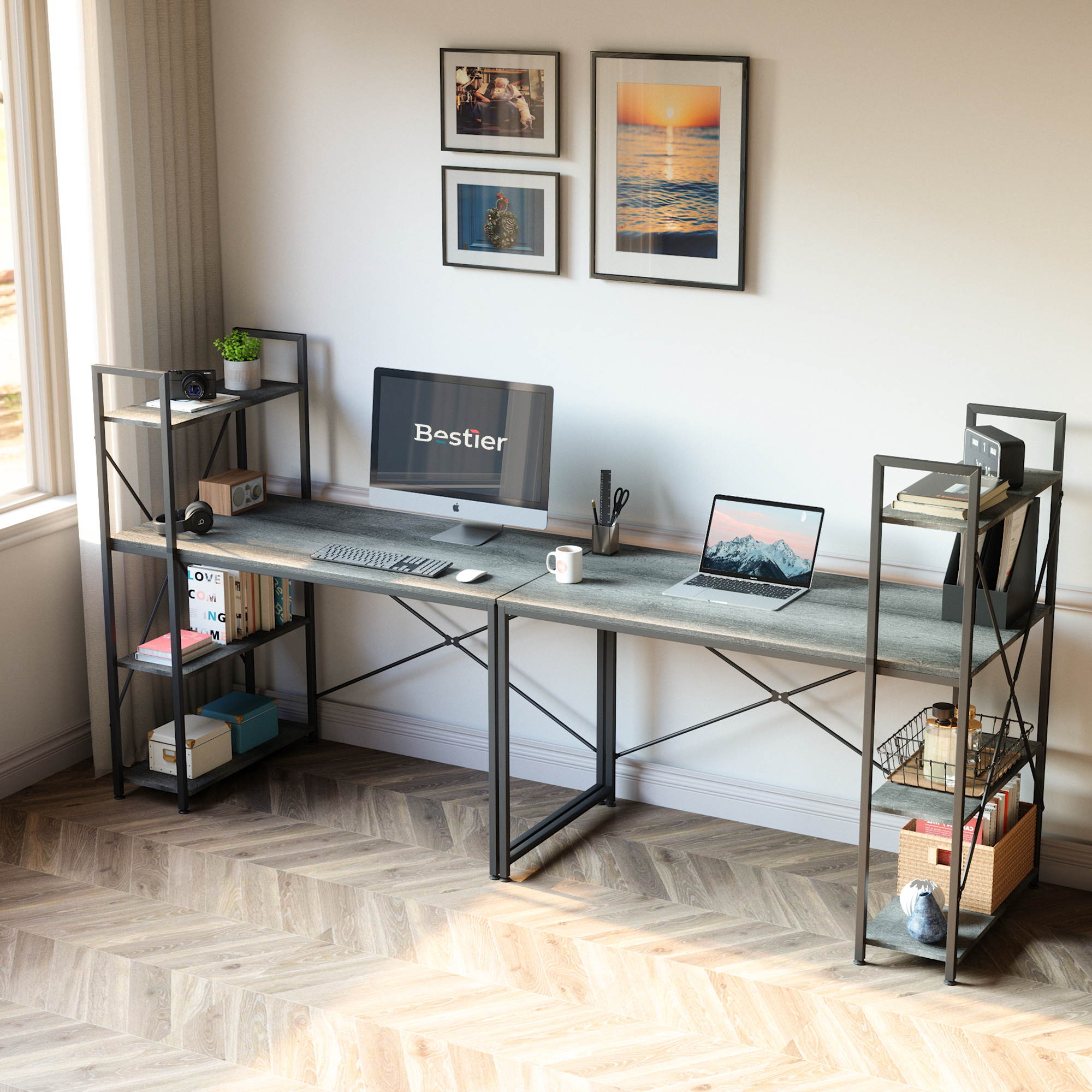 Bestier 63 Inch Computer Desk with Storage Shelves, Modern Bookshelf Desk with Headphone Hook Large Workstation Writing Desk with Reversible Bookshelves Home Office Work Table Study Desk Grey