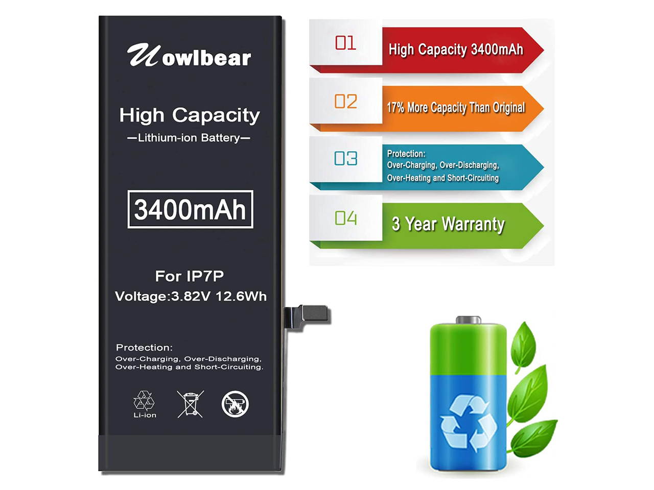 uowlbear Replacement Battery for iPhone 7 Plus A1661 A1784 A1785 3400mAh with Complete Replacement Kits 0 Cycle - High Capacity