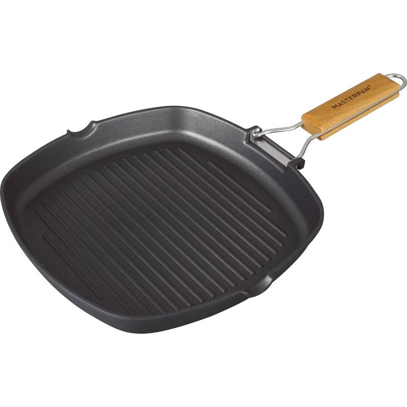 MasterPan 11" Non-Stick Cast Aluminum Grill Pan with Folding Wooden Handle