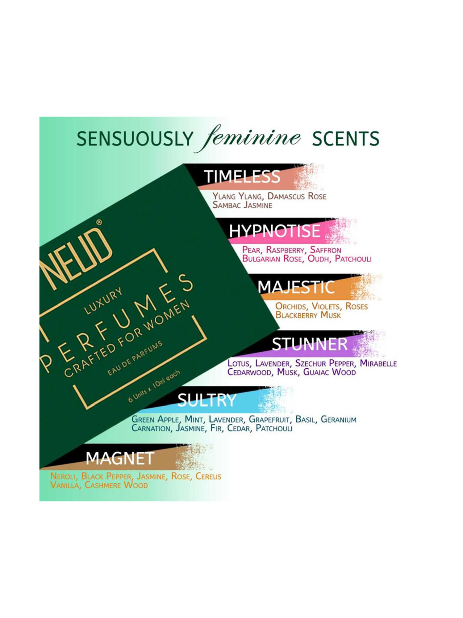 NEUD Luxury Perfumes for Women - 6 Vials x 10 ml Each (Pack of 1)