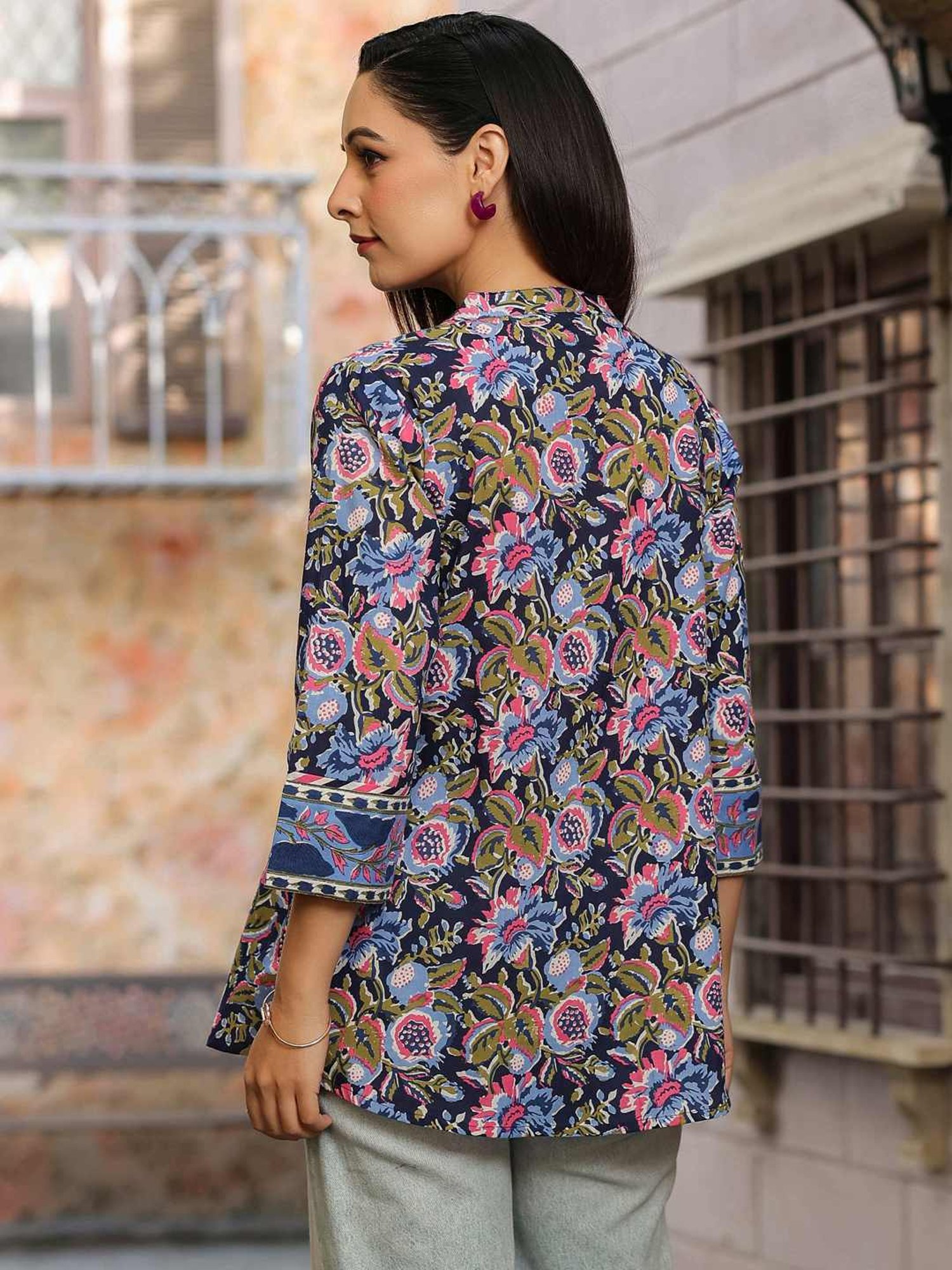 Rain and Rainbow Blue Cotton Floral Print Top