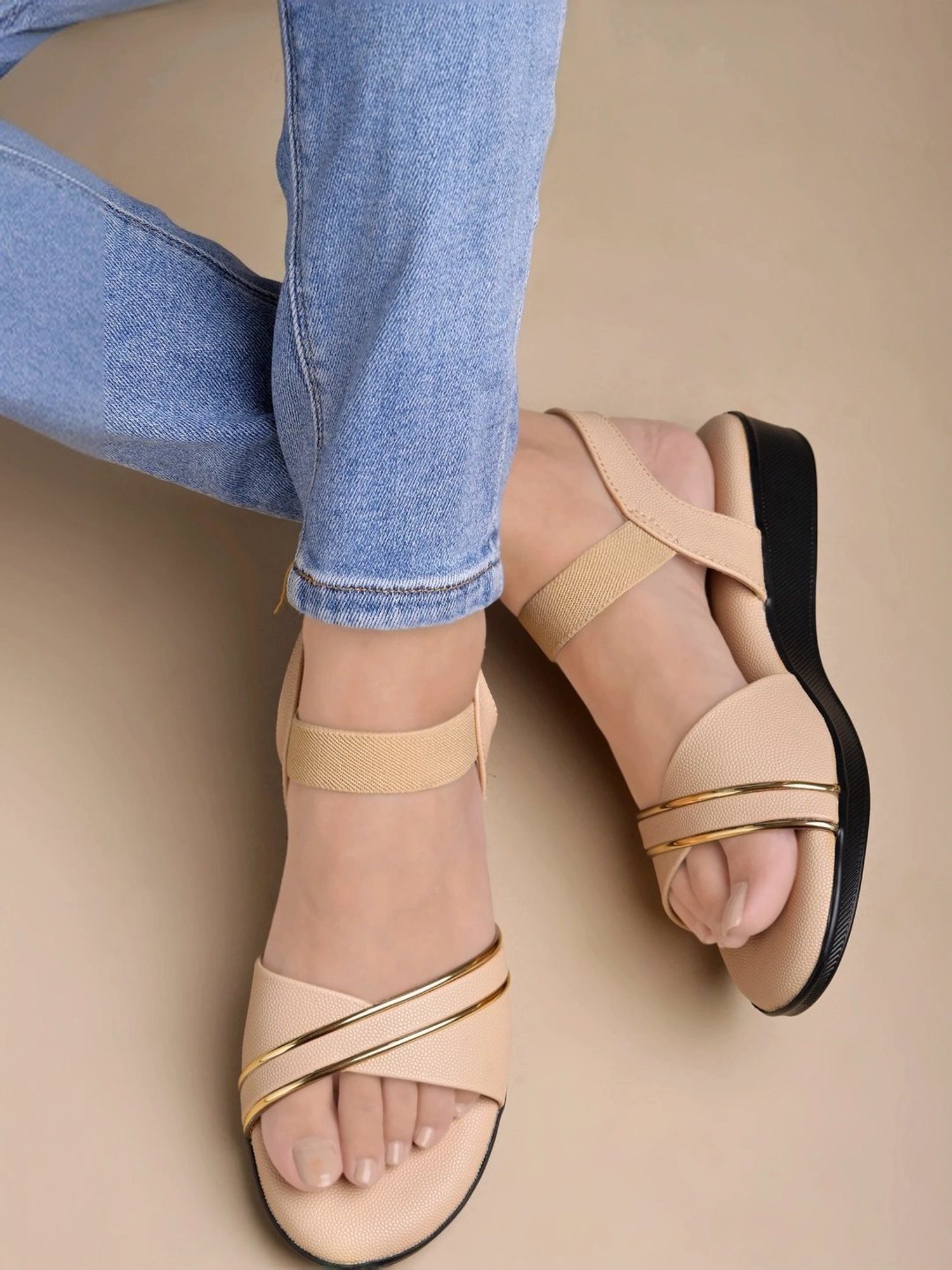 Shoetopia Women's Beige Ankle Strap Sandals