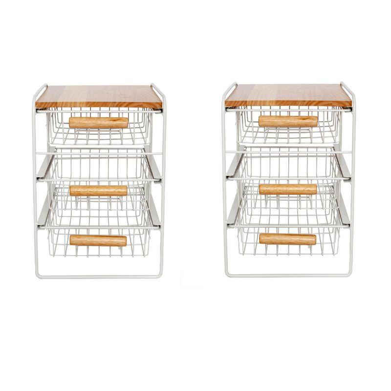 Origami Wood Top Steel Kitchen Organizer 3 Mesh Basket Sliding Drawer (2 Pack)